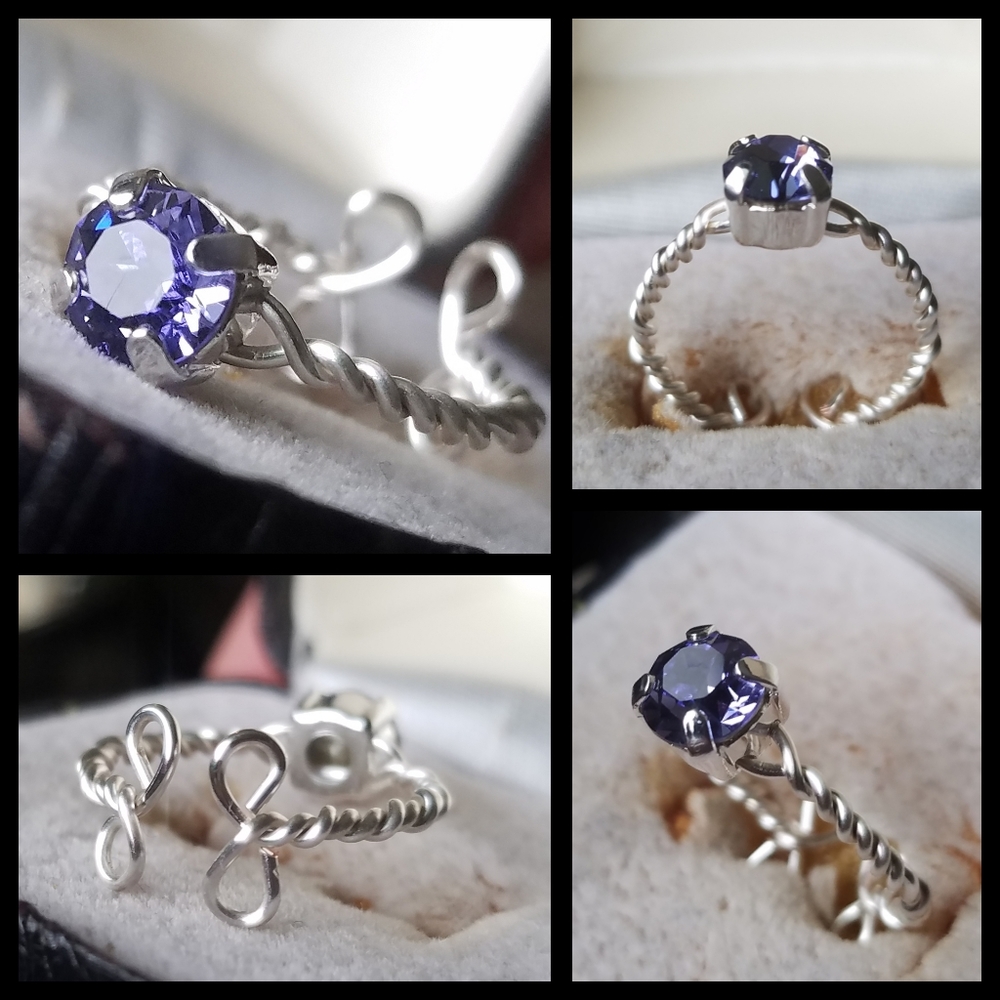 💜 "Tanzanite" Swarovski Crystal Ring Purpke Round Silver Adjustable Jewelry